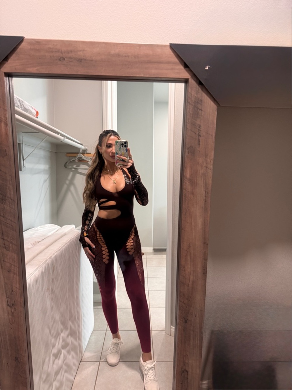 Outcast Black and Burgundy Cutout Fishnet Jumpsuit - Unbranded